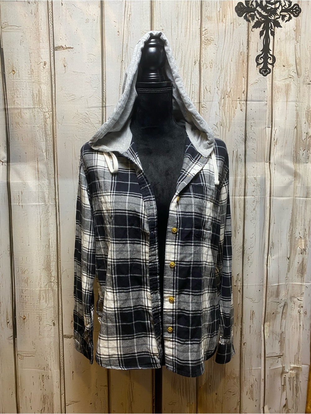 Forever 21 Black and White Plaid Hooded Button-Down Shirt Sz-M